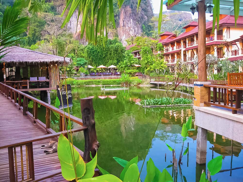 Railay, Krabi, Thailand - : The pond at Railay Village Resort at tropical Thailand island at Railay, Krabi, Thailand