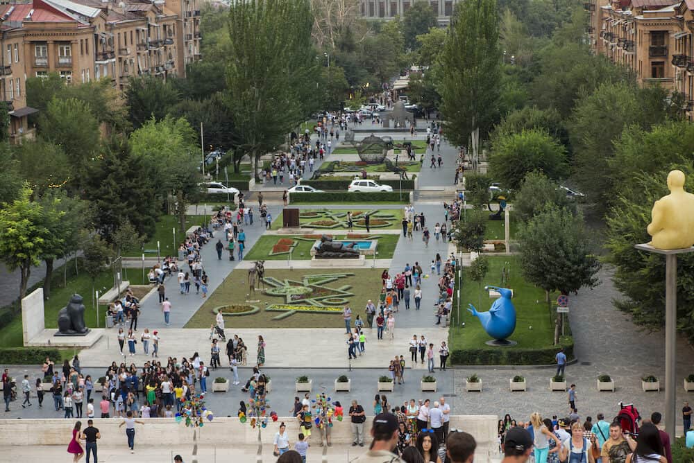 YEREVAN, ARMENIA - Yerevan Cascade and the giant stairway in Yerevan. Armenia. One of the most important sights in Yerevan, a place for walks and meetings of youth and adults