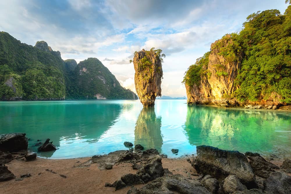 James Bond island, Phuket Thailand nature. Asia travel photography of James Bond island in Phang Nga bay. Thai scenic exotic landscape of tourist destination famous place.