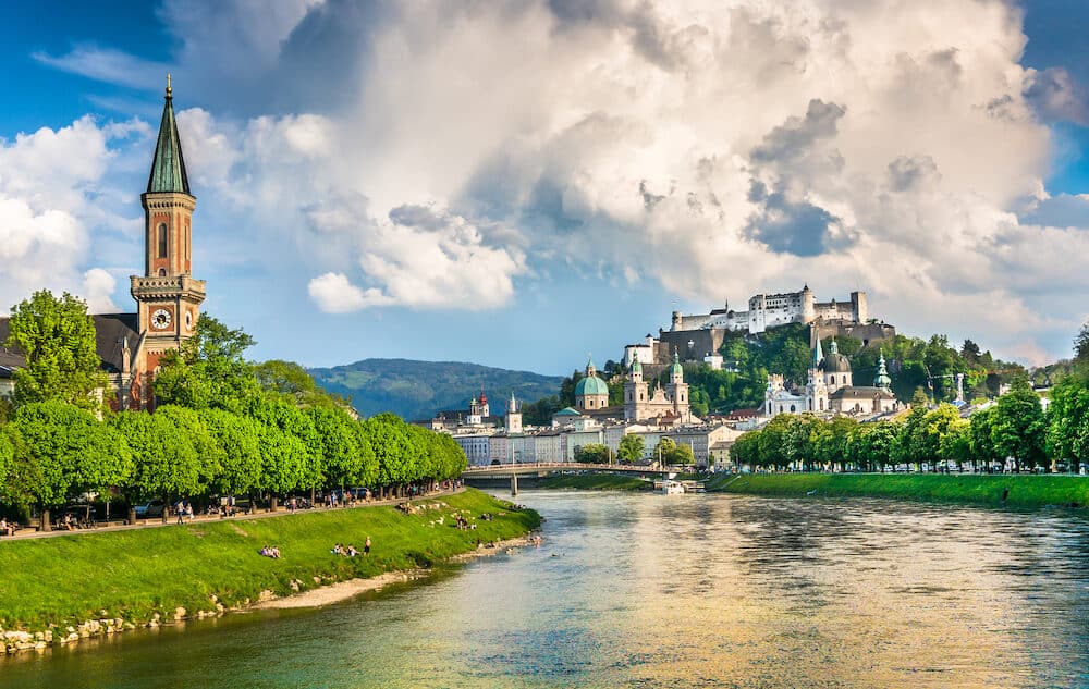 Beautiful view of Salzburg skyline with Festung Hohensalzburg and Salzach river in summer Salzburg Salzburger Land Austria