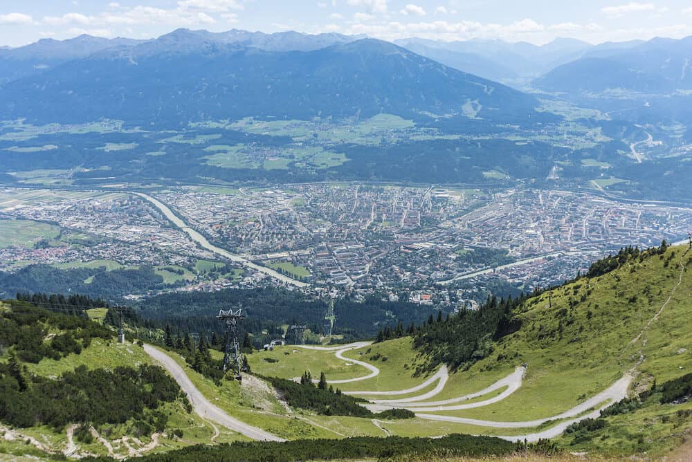 Inn Valley as seen from Nordkette mountain and ski area in Tyrol region nord of Innsbruck in western Austria.