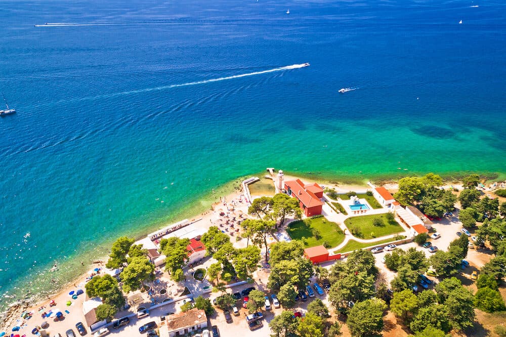 City of Zadar Puntamika lighthouse and beach aerial summer view, Dalmatia region of Croatia