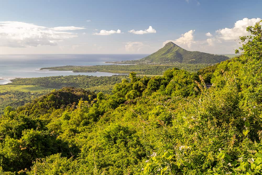 Panoramic overview on the wonderful landscape near Chamarel on Mauritius island, Indian ocean