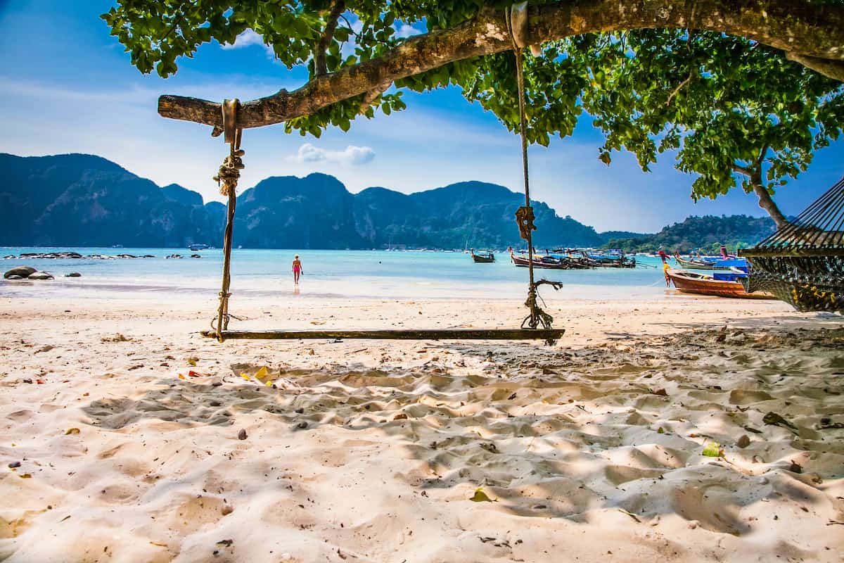 Swing at Viking I Beach on Phi Phi Islands.Thailand. Phi Phi Islands are a popular tour destination from Phuket and Krabi.